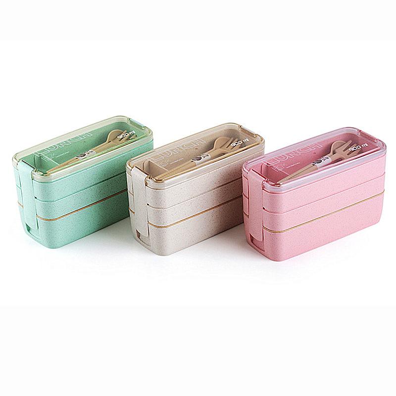 Quadratische doppelstöckige Lunchbox aus Weizenstrohfaser-Kunststoff