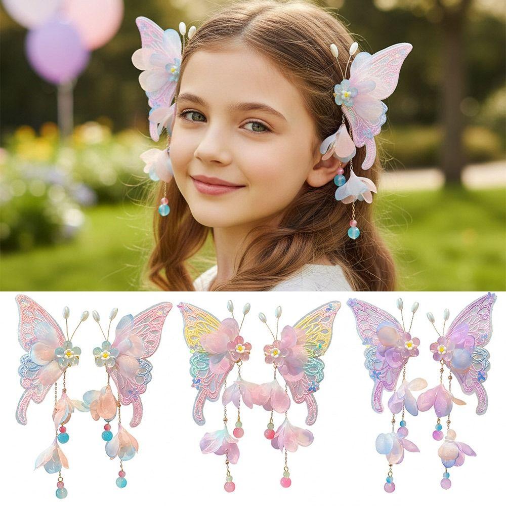 2pcs/set Extra Large Butterfly Hairpin Flower Shake Tassels Floral Hair Clips Silk Hanfu Headdress Hair Accessories