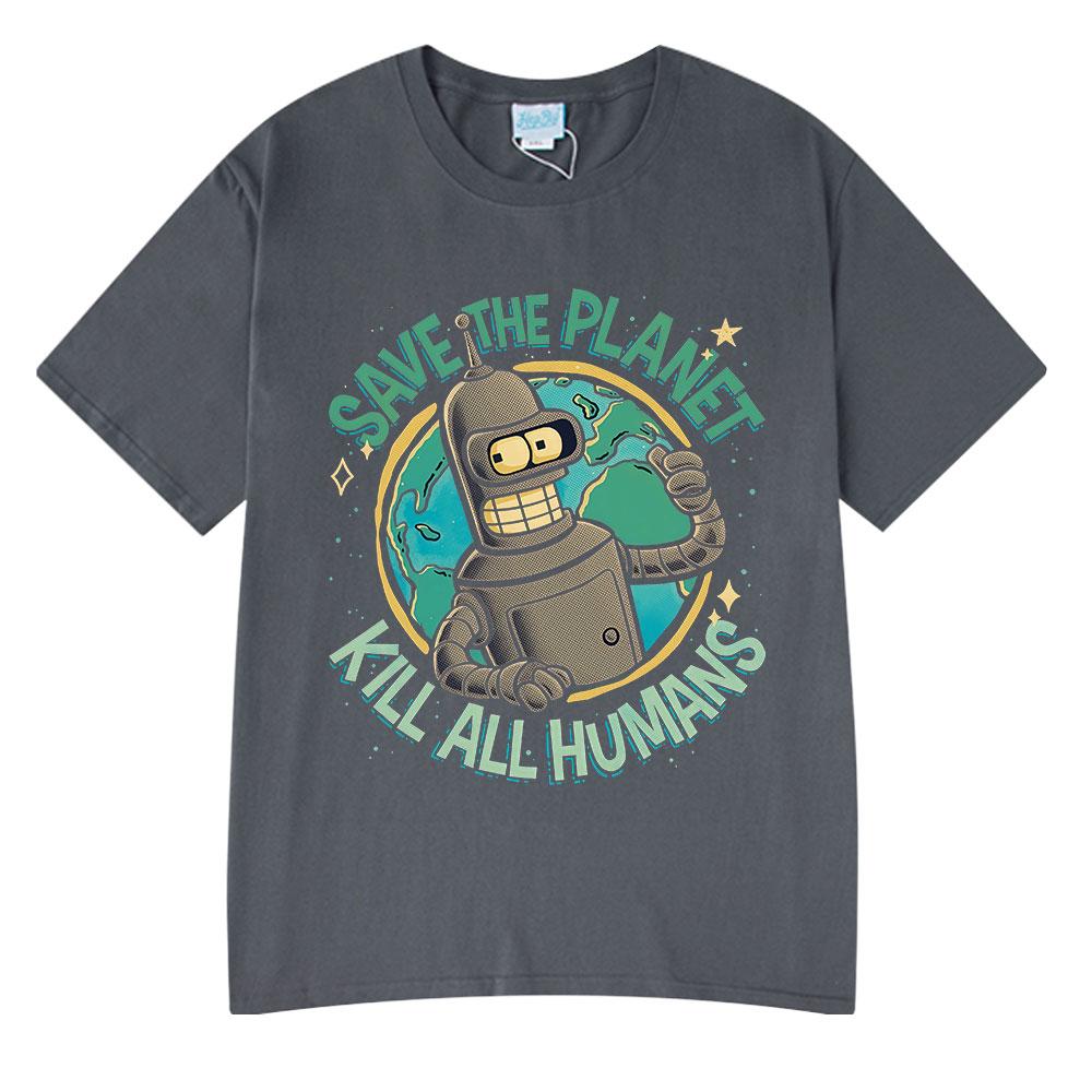 Summer Adults Save Earth Fun Tshirts Printed Robot Patterns Men Women Fashion Shortsleeved100 Cotton Street Style Comfortable