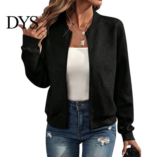 Comfortable Women Workwear Fall Winter Zip-Up Jacket, Solid Color Long Sleeve Casual Jacket Outwear, Round Neck Autumn Coat with Ribbed Collar