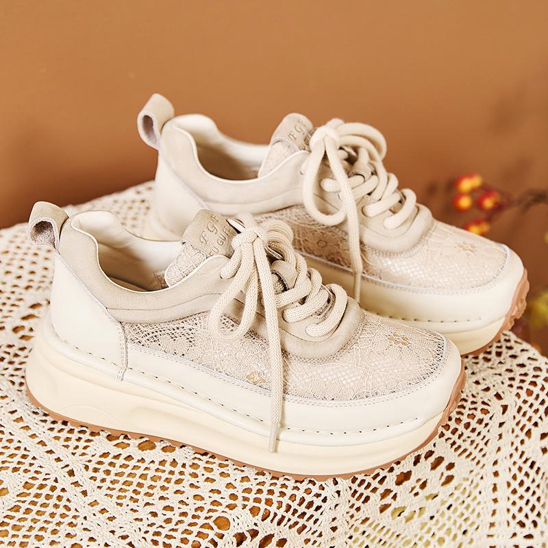 Fashion GKTINOO Sneakers Women Hollow Genuine Leather Retro Flats Thick Soled Lace-Up Summer Lady Handmade Flat Casual Shoes Women