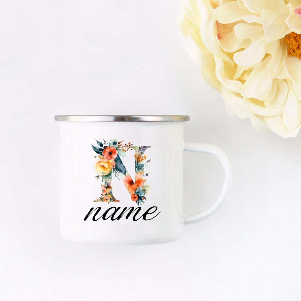 Personalisierte Blumige Initialen Namensbecher Benutzerdefinierter Name Tee Kaffee Heiße Schokolade Tasse Braut Brautjungfer Muttertag Geschenk für Sie