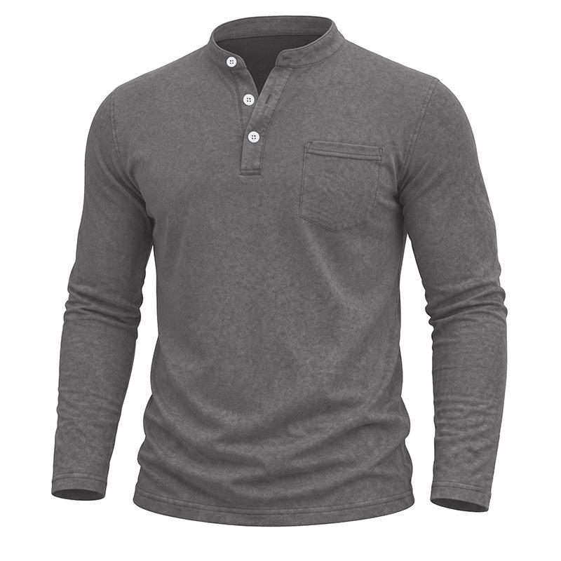 Men S Vintage Washed Long Sleeve Stand Collar Henley Shirt