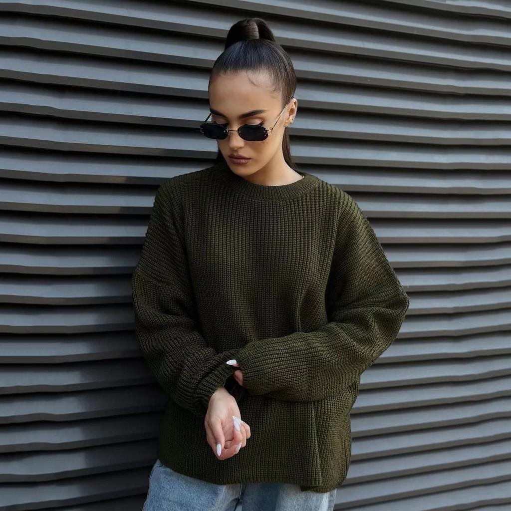 Plain Round Neck Sweater - 2024 European & American Spring/Autumn Loose Knit Pullover for Women