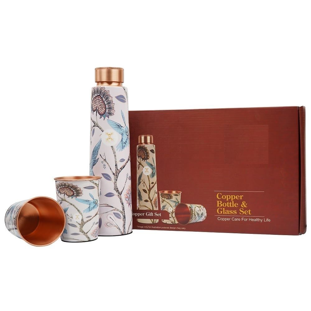

Pure Copper Water Bottle 900 ml with Glass Set Best Tamba in Printed Design (900 ml 2x 300 ml)