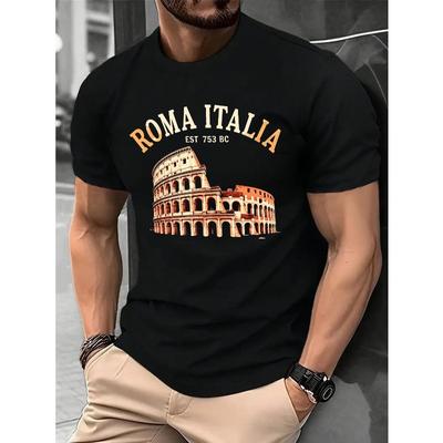 Europäische Größe 100% Herren-T-Shirt - Schwarz Rom Italien Kolosseum und Römisches Reich Grafikdruck, Mikrostretch-Strickstoff, Normale Passform Lässig Sommer