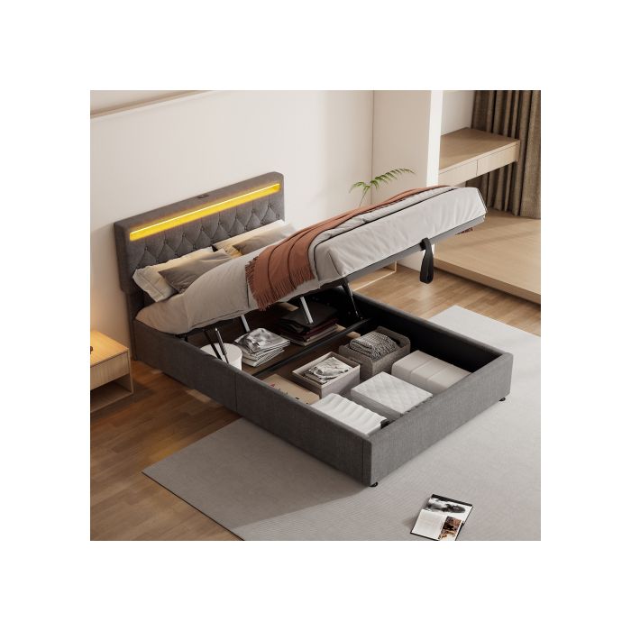 Lit - MUVOE - 140x200cm - Rembourré - Éclairage LED - Rangement sous le lit