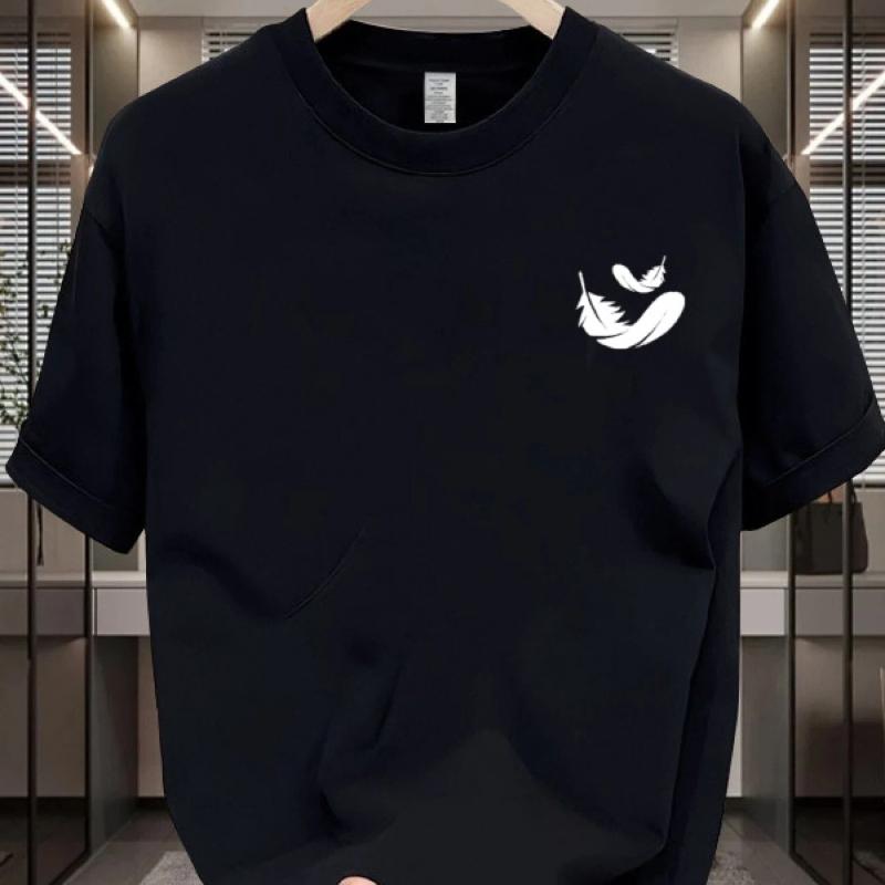 Summer pure cotton men's casual loose fashion two-piece feather print breathable sports short sleeved round neck T-shirt