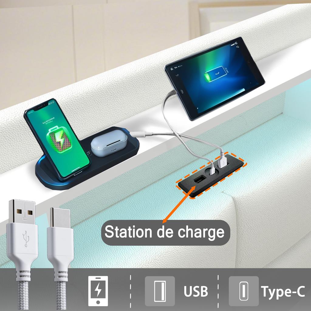 Upholstered Platform Bed RGB LED Light Hydraulic Gas Lift Storage Headboard Shelf USB Type-C Charging Station Modern Bed Frame