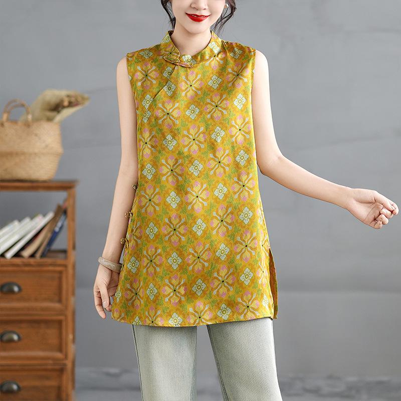 Ruffled Sleeveless Mid-Length Frog Button Jacquard Vest for Women M
