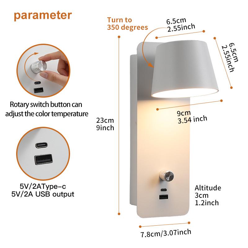 Stepless Dimming LED Wall Lamp with USB Charging - Metal Body, Wall-Mounted, No Tray, Ideal for Bedroom & Living Room