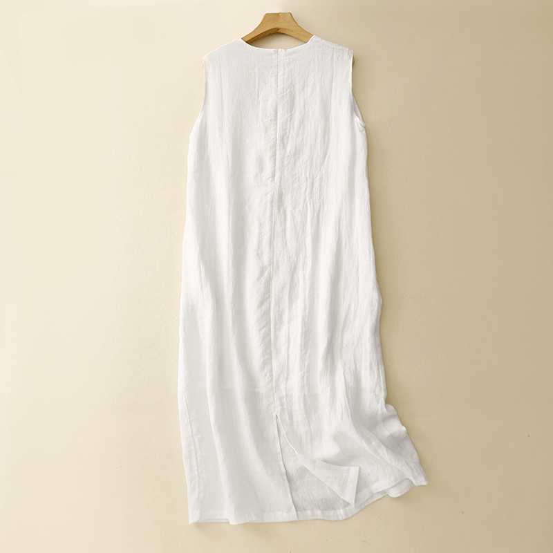 Women's Cotton Linen Sleeveless Dress Casual Round Neck Loose Fit Solid Color Midi Tank Dress for Summer