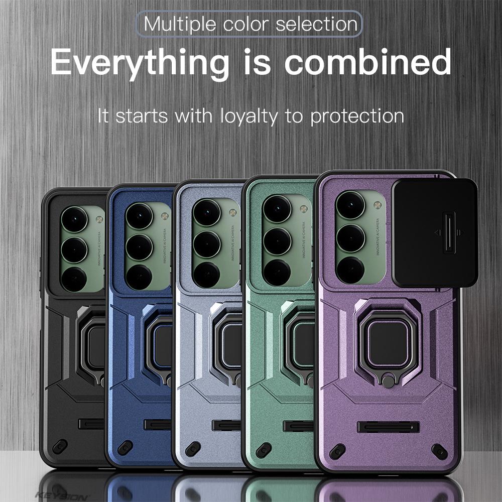 KEYSION Shockproof Armor Case for Redmi 15 169.5mm 171mm Slide Camera Lens Protection Metal Ring Stand Phone Cover for Redmi 5G