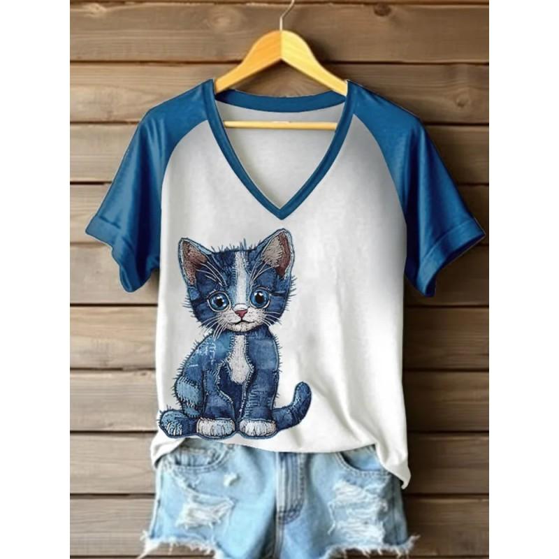 Womens V-Neck Short Sleeve T-Shirt With Leopard Print 3D Effect Colorful Ink Loose Fit Casual Office Wear