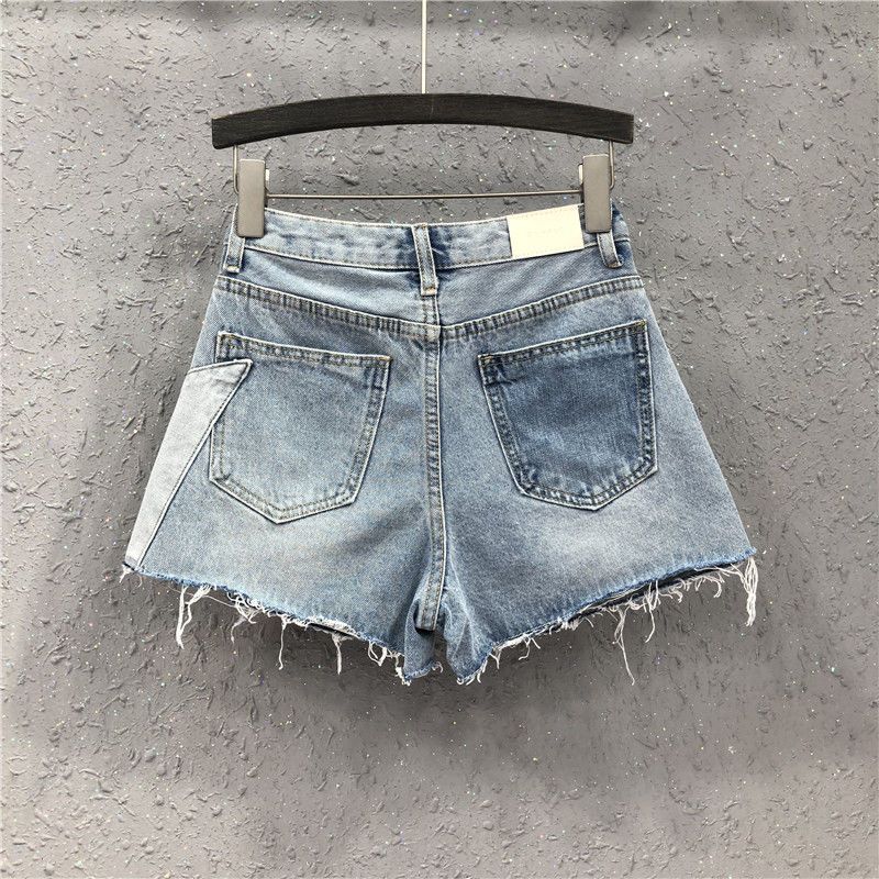 Unique Patchwork Color Block Denim Shorts Women Loose Fit Wide Leg Pants