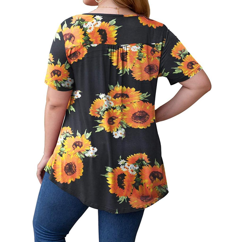 Fashion Women Plus Size Round Neck Print Short Sleeve Casual Pullover Tops