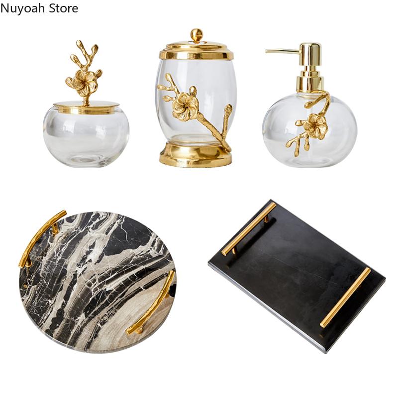 Light Luxury Bathroom Accessories Brass Transparent Crystal Glass Lotion Bottle Storage Tank Cotton Swab Box Marble Storage Tray