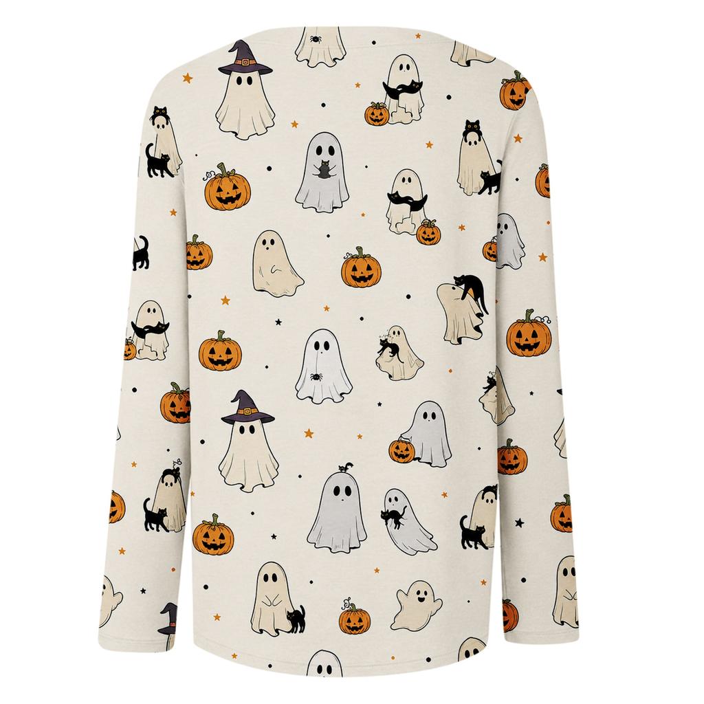 Women's Casual Long Sleeve Round Neck Top with Halloween Print for Party