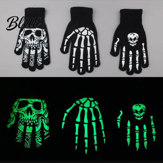 Stylish Scary Costume Accessories Halloween Glow‑In‑The‑Dark Skeleton Knit Gloves Luminous Skull Bone Print Flexible Finger Movement