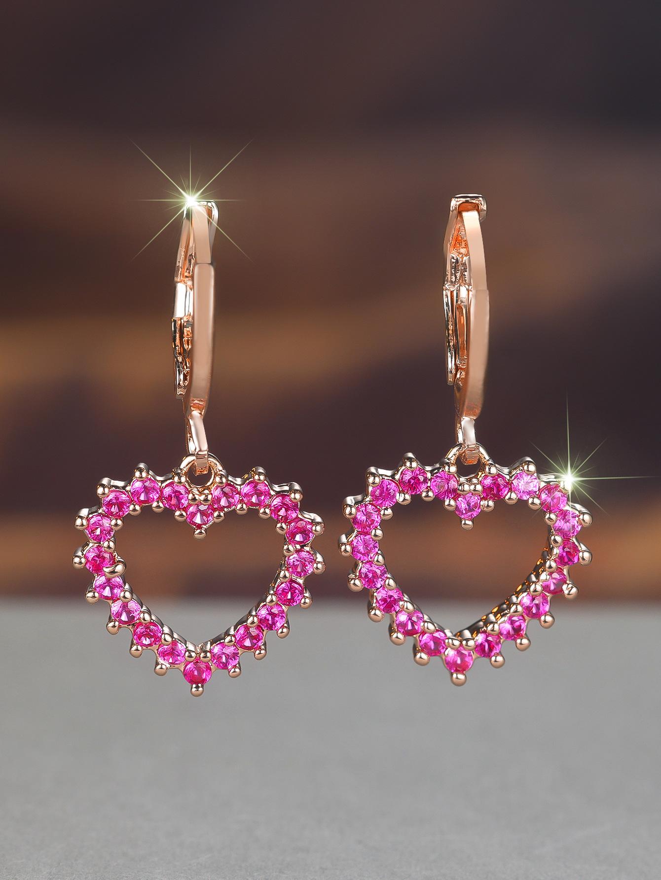 

Hot-selling pink diamond full of love earrings, sweet sister style heart-shaped less feeling bursting versatile earrings розового золота
