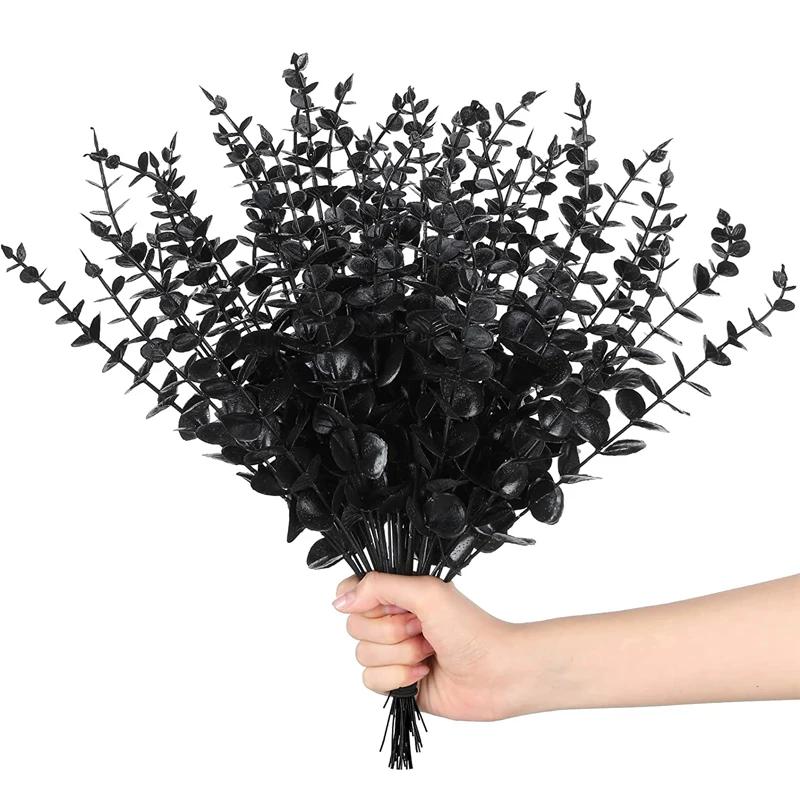 7 Branches Artificial Black Eucalyptus Leaves Plastic Plants Persian Fern Halloween Fake Flower Bouquet Home Office Decoration