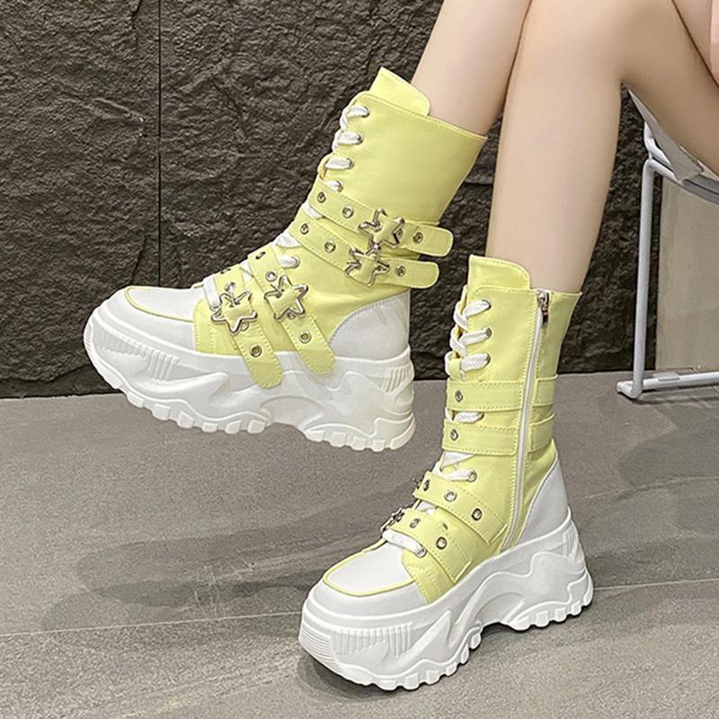 Modische Klobige Plateau-Stiefel Damen Punk Stern Schnallenriemen High Top Sneakers Frau Herbst Winter Dicke Sohle Motorradstiefel
