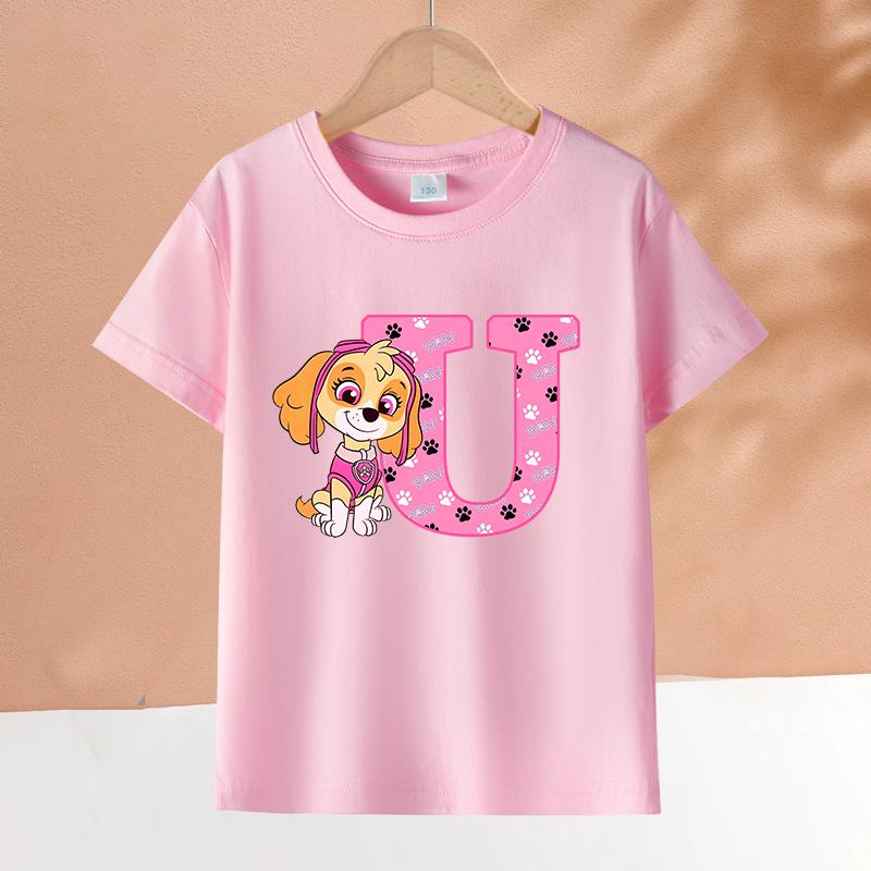 PAW Patrol Çocuk Pembe Kısa Kollu Tişört Kızlar Skye Polyester Üstler Çizgi Film 26 Harf Baskılı Sweatshirt Çocuk Doğum Günü Hediyeleri
