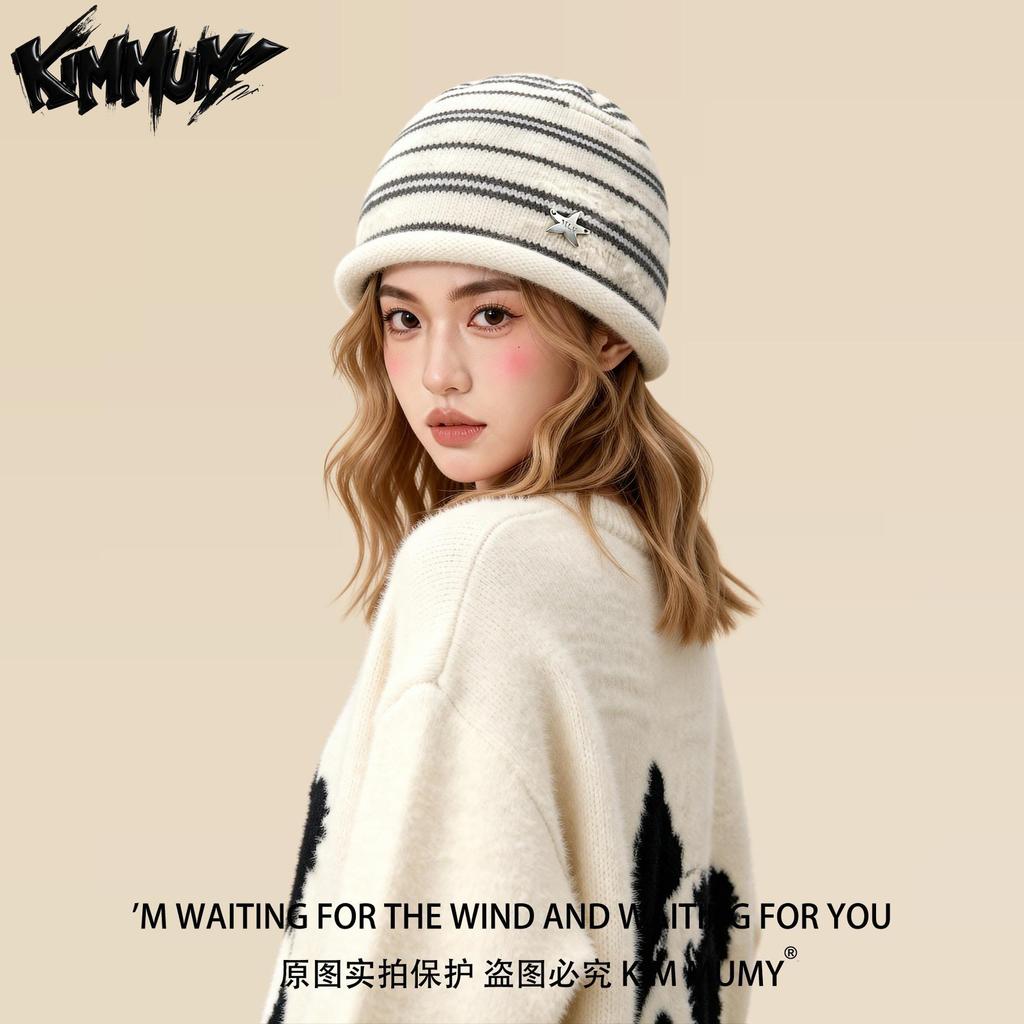 KimMumyins Striped Knitted Hat Girls Autumn and Winter Warm Curled Edge Cold Hat Versatile Plain Wool Hat