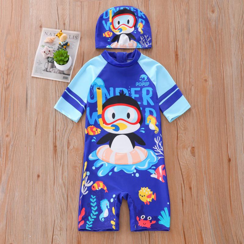 Children's UPF50+ Cartoon Penguin Boys' One-Piece Swimsuit for Toddlers and Kids