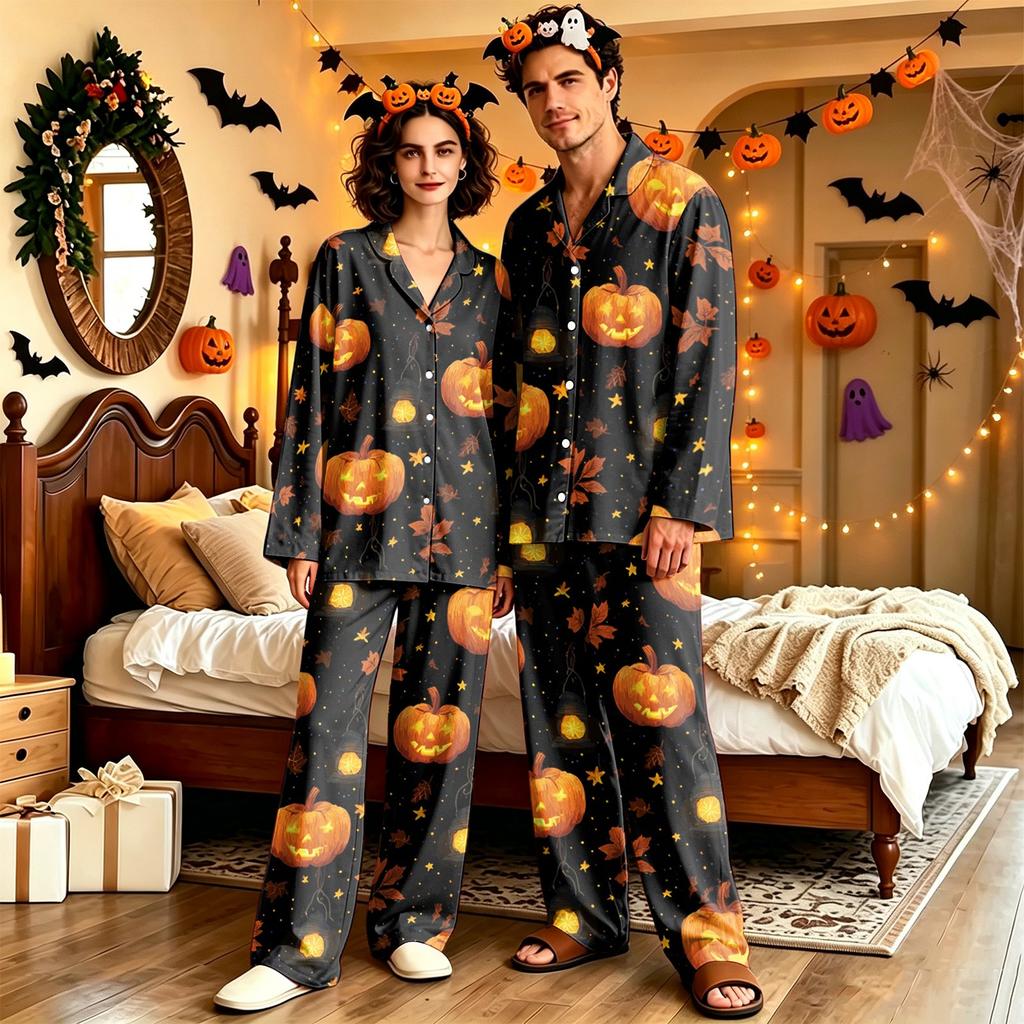Adult Halloween Pajama Set Long Sleeve Long Pants Casual Loose Fit Sleepwear for Women and Men