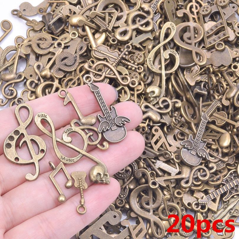 Vintage Music Series Random Mix Wing Guitar Musical Note Bulk Charms For Jewelry Making Supplies Metal Tape Pendant DIY Material