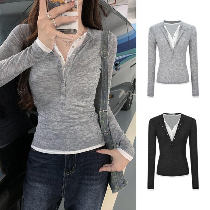 

260G хлопок модал, Spice Girl имитация двух частей с полуоткрытой шеей, длинный рукав, женский приталенный осенний новый внутренний базовый S серый