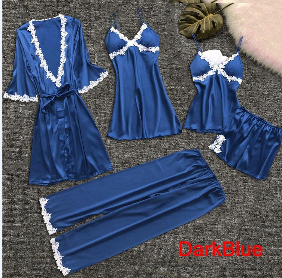 

Жіноча літня сексуальна піжама з п яти частин із рукавами середньої довжини та халатом Large синій