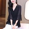Stylish Hollow Out Spliced Lace Blouse Summer Casual V-Neck Waist Women's Clothing Solid Color Basic Ruffles Half Sleeve Shirt