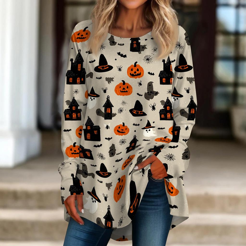 Women's Halloween Printed Pullover Top Loose Fit Neck Long Sleeve T-Shirt
