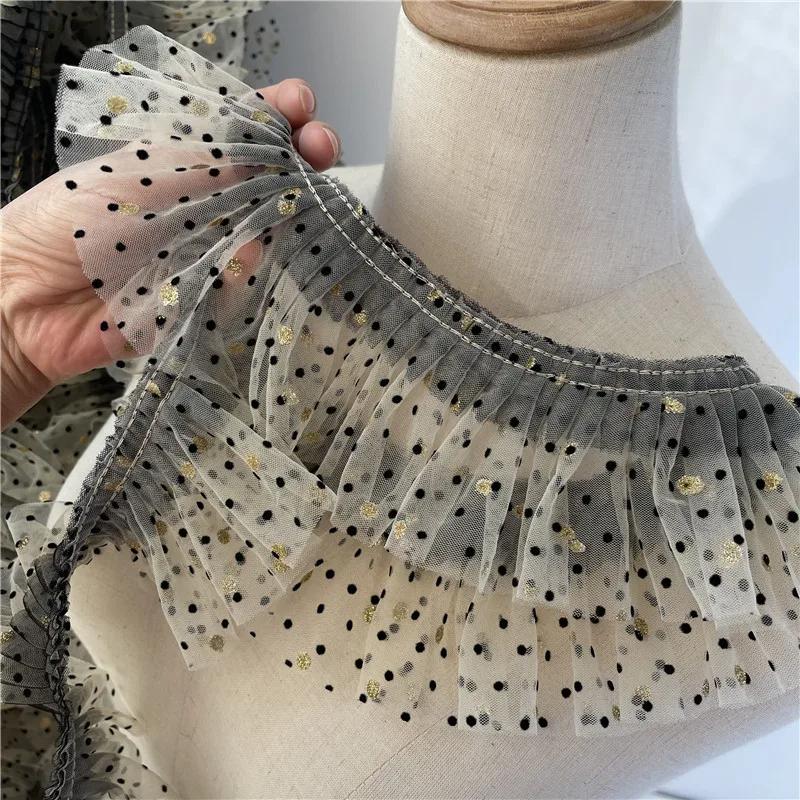 3 metry/partia 8 cm szerokości beżowa siatka czarna kropka tkanina/brązowe złote kropki plisy koronkowe wykończenie akcesoria do sukienki dla zwierząt/lalek