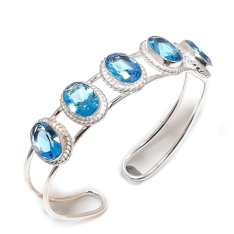 

Blue Topaz Gemstone Handmade 925 Sterling Silver Cuff Bangle Adjustable J4L31