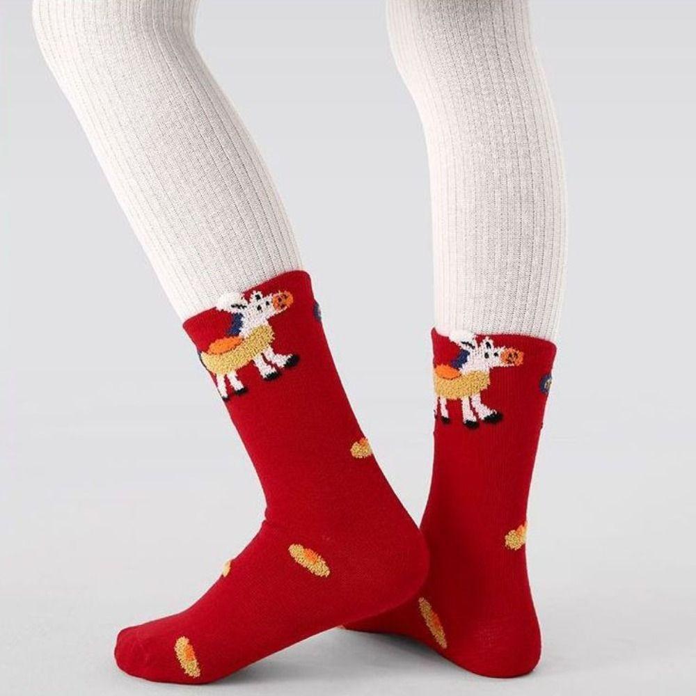5Pairs Mid Tube Chinese New Year Socks Cartoon Horse Red Cotton Socks Zodiac Horse Year Socks  Lady