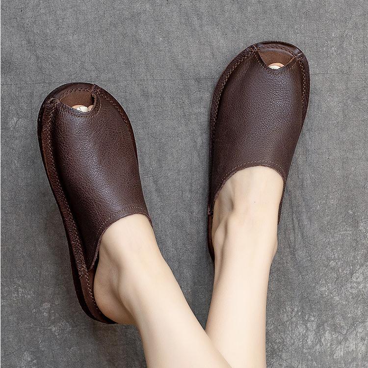 Johnature Pantofole piatte traspiranti con suola morbida Ciabatte aperte vintage in vera pelle Scarpe da donna versatili