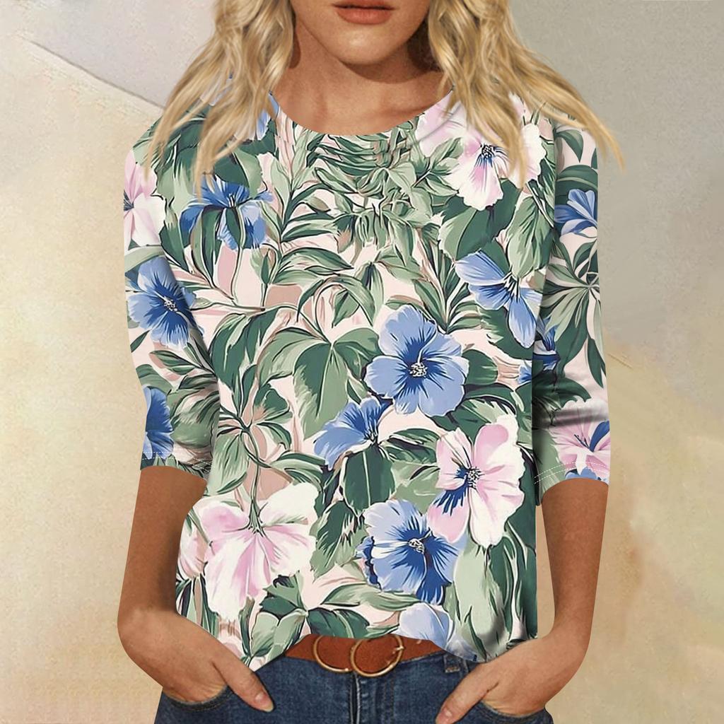 Top T-shirt casual alla moda da donna con scollo rotondo, manica a tre quarti e stampa