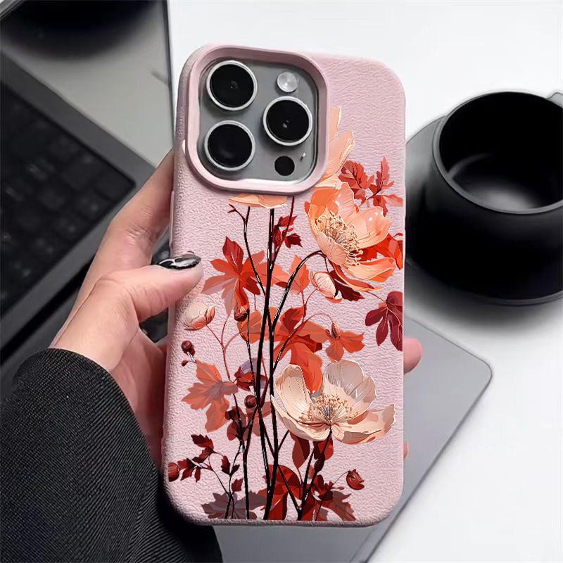 Handyhülle mit rosa Blumenmuster, Lederstruktur für iPhone 16 Pro 15 14 13 12 Pro Max, stoßfest, matt, schlank, einfarbig, TPU, weich, sturzsicher