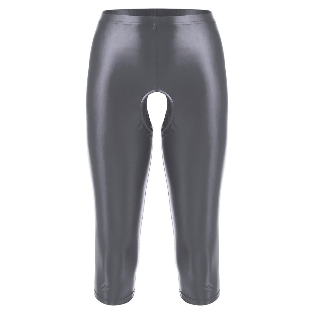 Mens Glossy Open Crotch Shorts Stretchy Elastic Waistband Slim-Fit Leggings Smooth Fabric for Gym Club Outfits