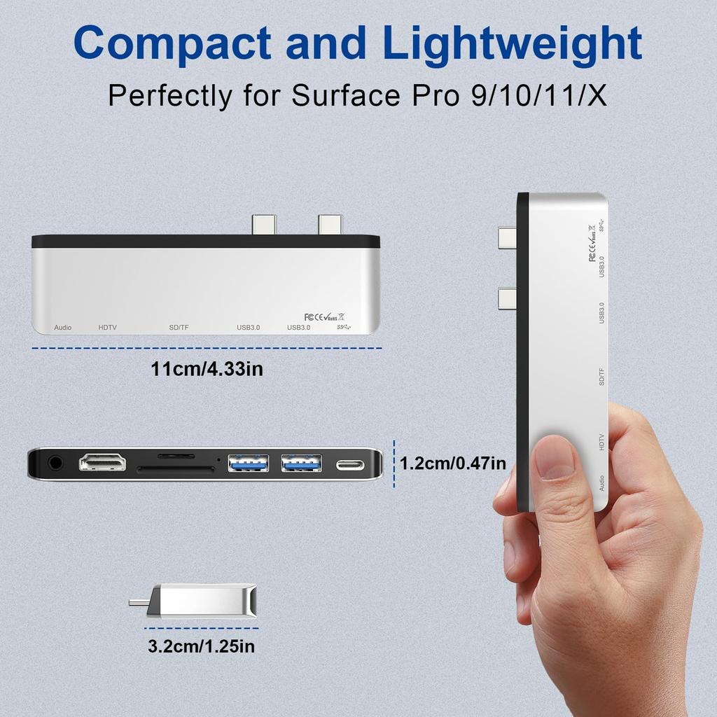 Surface Pro USB Hub 4K Thunderbolt 4 PD SD TF Card Audio Port Surface Pro9 Dock Triple Display Pro Surface Pro Conversion Adapter 9/10/11/X HDMI,
