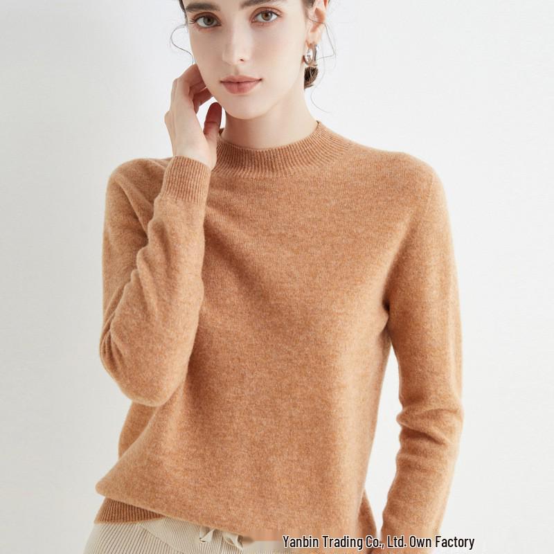 Women's Slim-Fit Autumn Sweater: Fashionable Half-High Neck, Versatile Pure Wool for Base Layer or Outerwear, Skin-Friendly