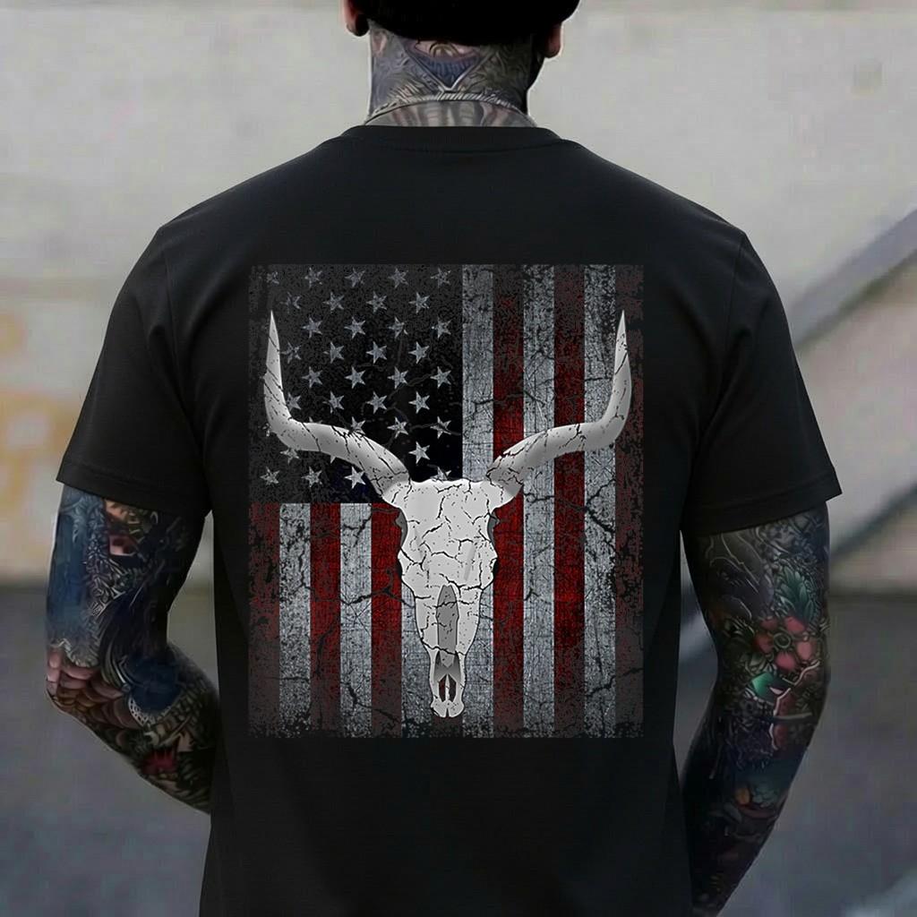 Bull Skull American Flag Cow Skull Western Graphic Wild West T-Shirt S