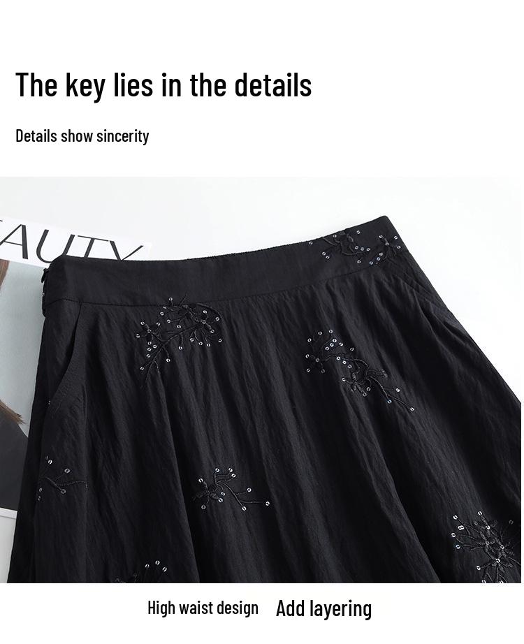 Women's Spring 2026 Retro High-Waist Sequin Embroidered A-Line Long Black Skirt