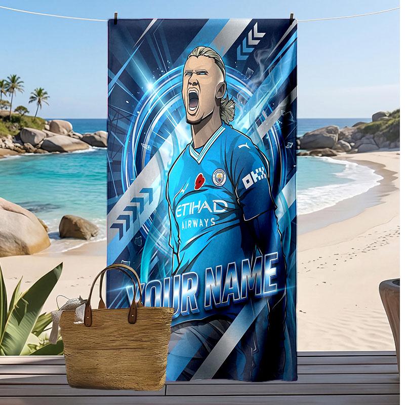 Erling Haaland Personalized Printed Beach Towel Soccer Logo Support Custom Name Text Absorbent Towel For Sport Travel Special Gift