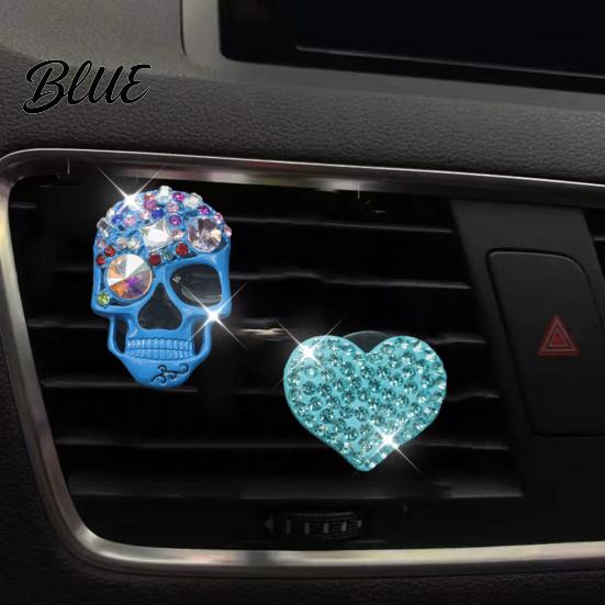 Totenkopf Herz Auto Dekoration 2 Stück Bling Lüftungsschlitz Clips Strass Glänzend Duft Diffusor Armaturenbrett Zierleiste Clip Lustiger Kopf Auto Innenraum Ornament Halloween