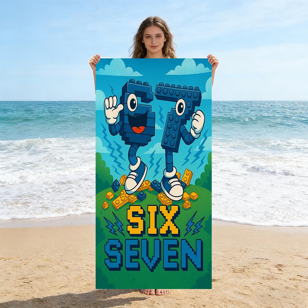 1pc 67 Six Seven Building Block Design Beach Towel Super Absorbency Suitable for Seaside Vacation and pool Gift For Families W30*H60(CM)