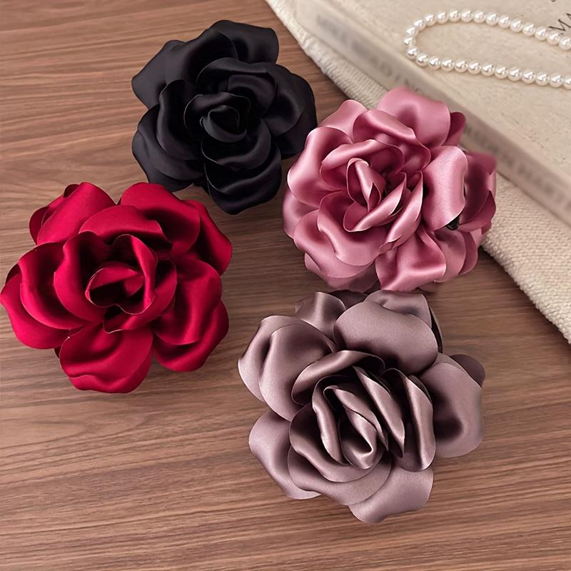 French Satin 3D Rose Flower Hair Claw Elegant Women's Shark Clip Updo Hair Accessory